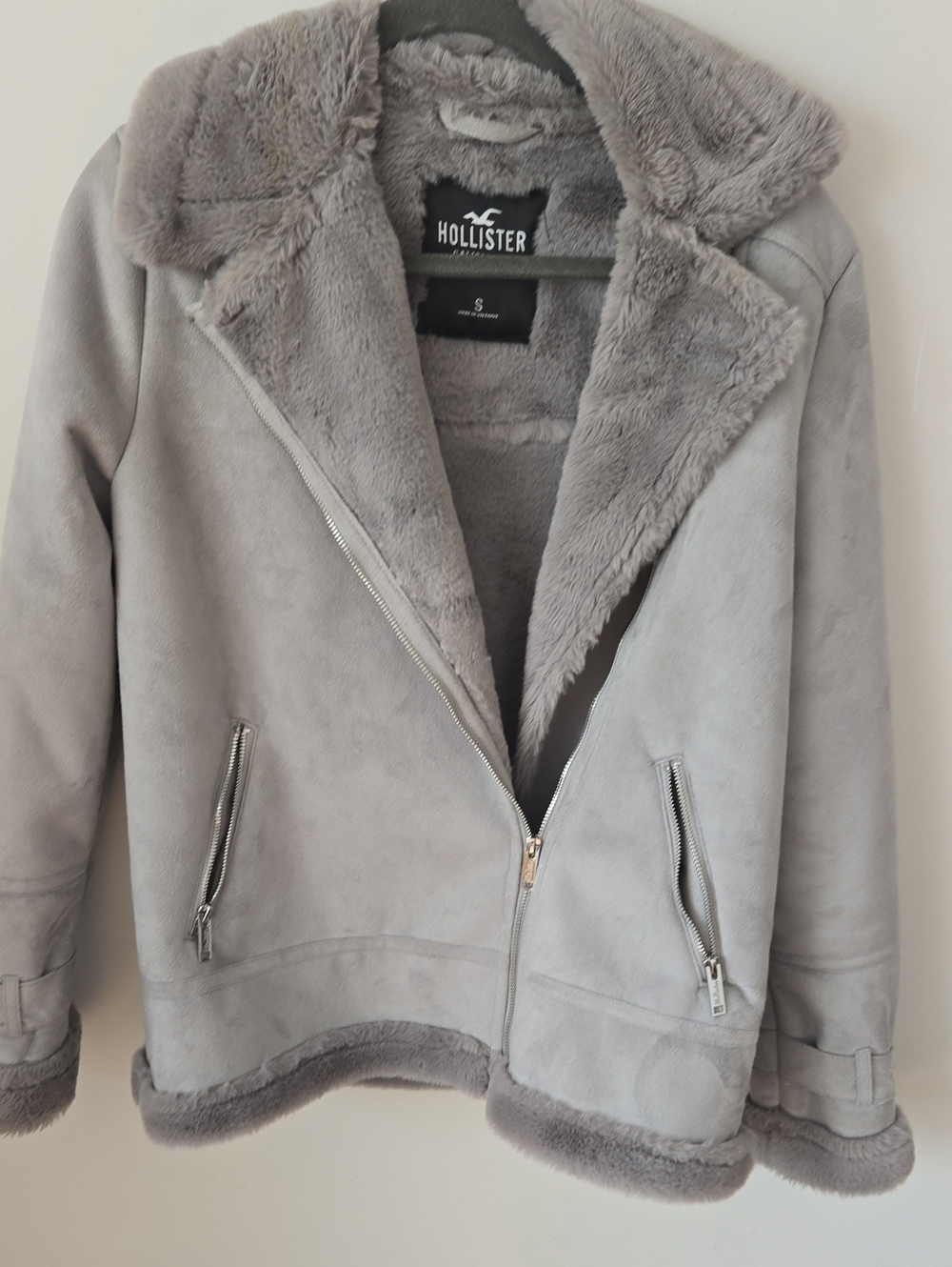 Hollister Light Gray Faux-Shearling Biker Jacket